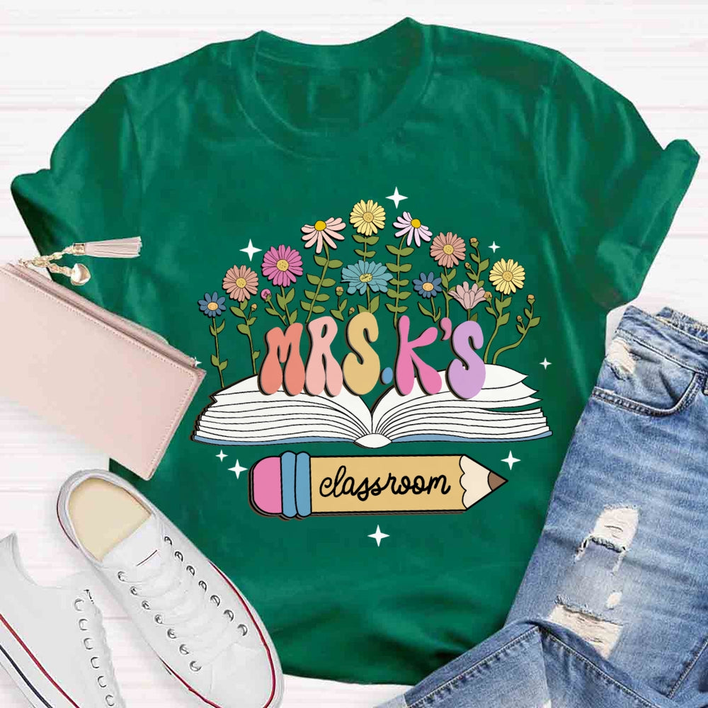 Personalized Name Flower Book Pencil Teacher T-shirt