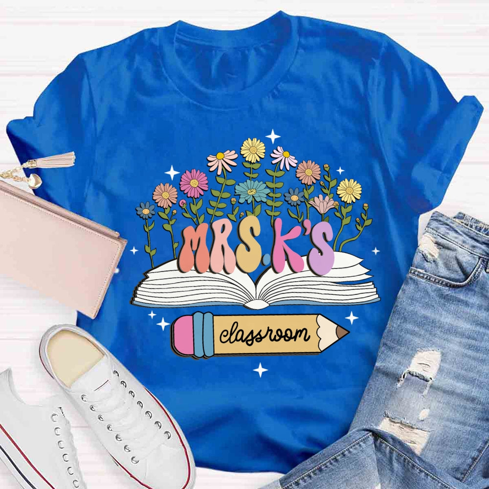 Personalized Name Flower Book Pencil Teacher T-shirt