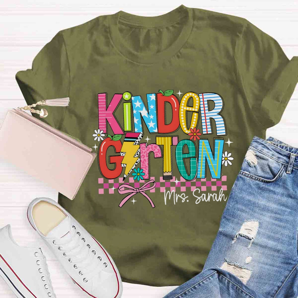 Personalized Name And Grade Kindergarten Flower Bow T-shirt