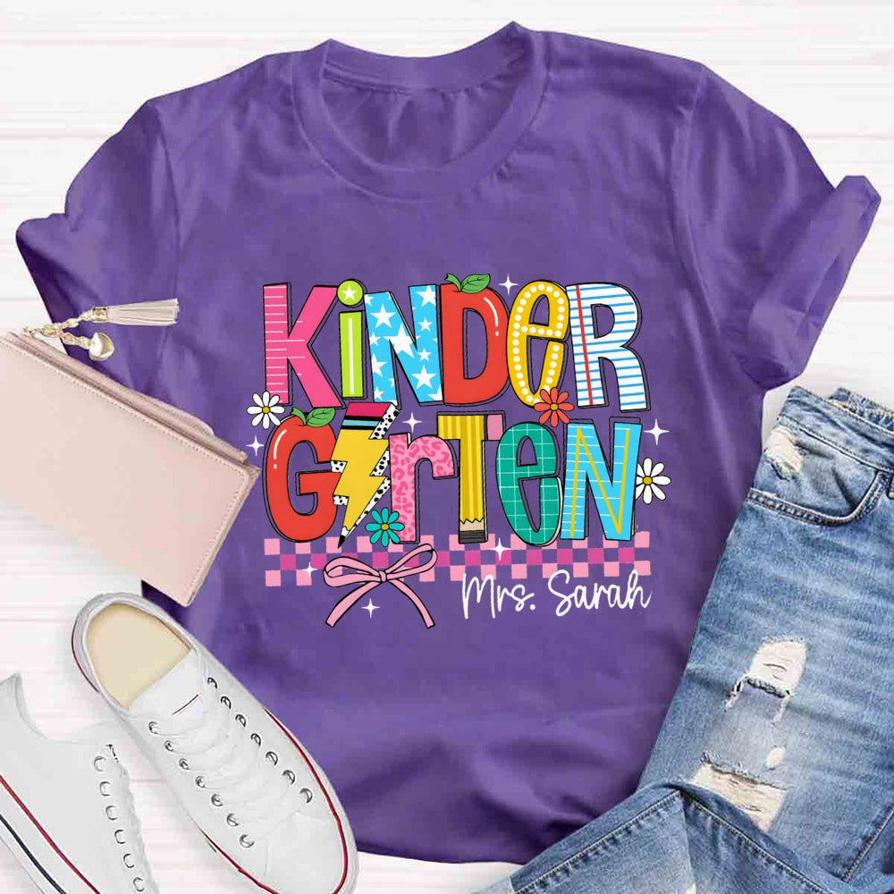 Personalized Name And Grade Kindergarten Flower Bow T-shirt