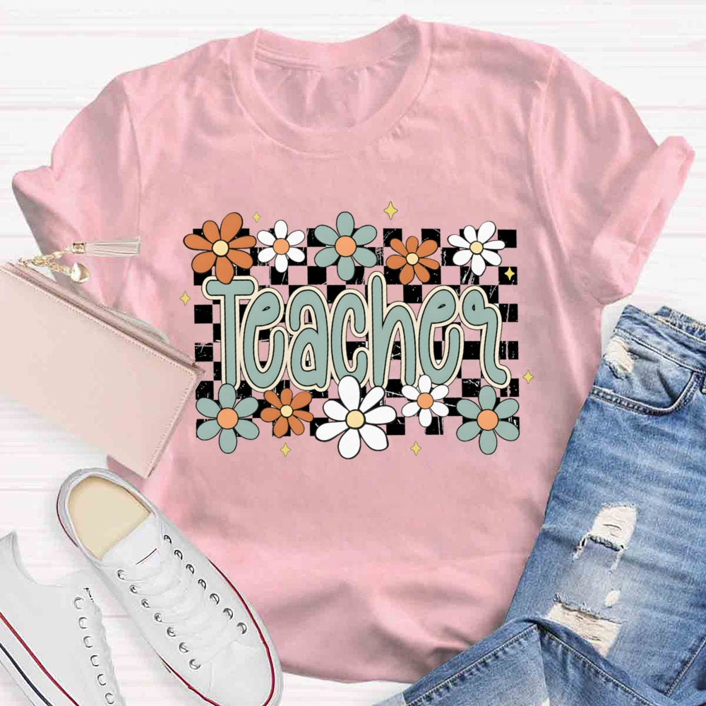 Small Grid And Flower Heart Teacher T-shirt