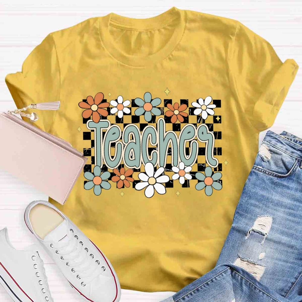 Small Grid And Flower Heart Teacher T-shirt