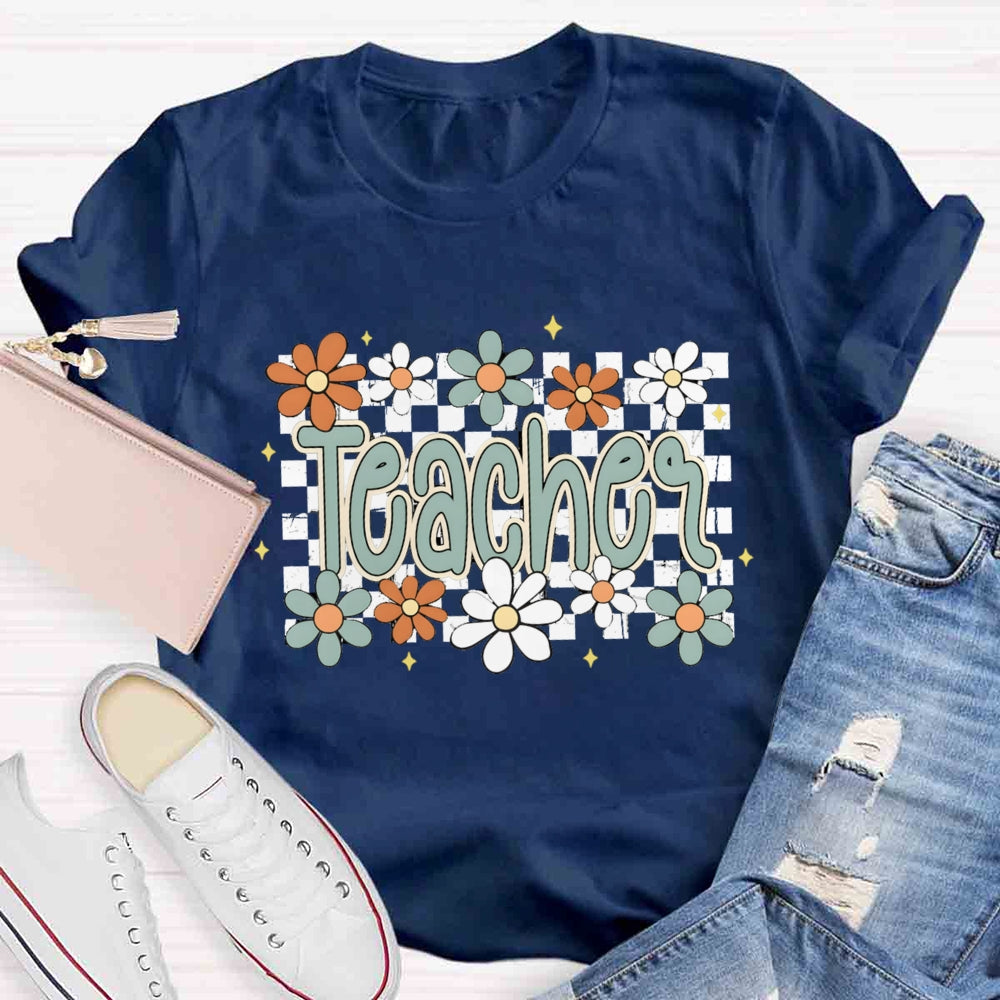 Small Grid And Flower Heart Teacher T-shirt