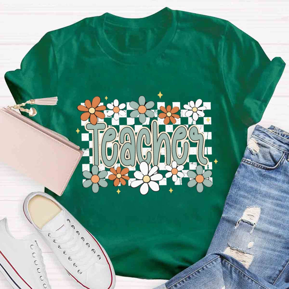 Small Grid And Flower Heart Teacher T-shirt