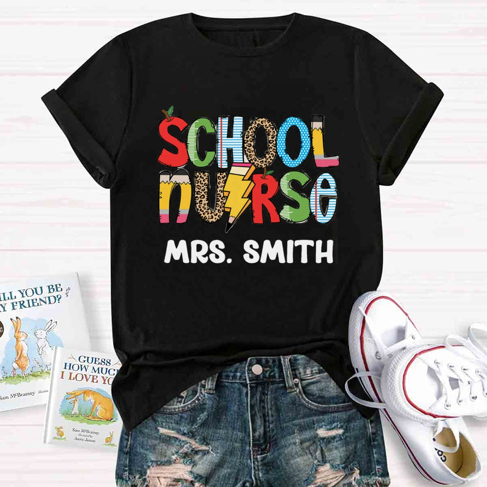 Personalized Name School Nurse Colourful T-shirt