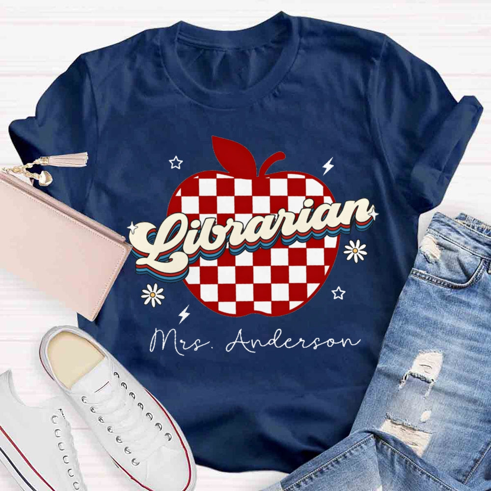 Personalized Name Librarian Red Checkered Apple T-shirt