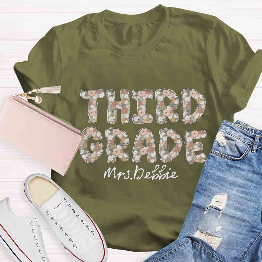 Personalized Grade And Name Floral Third Grade Teacher T-shirt