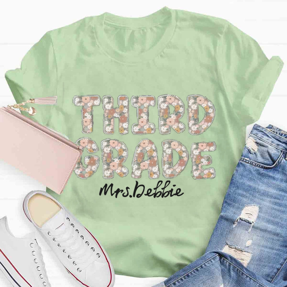Personalized Grade And Name Floral Third Grade Teacher T-shirt