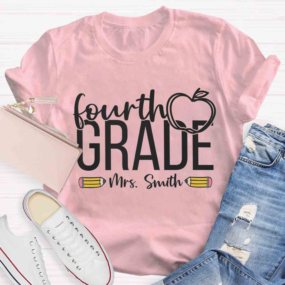 Personalized Name And Grade Apple Print Stick Figure T-shirt