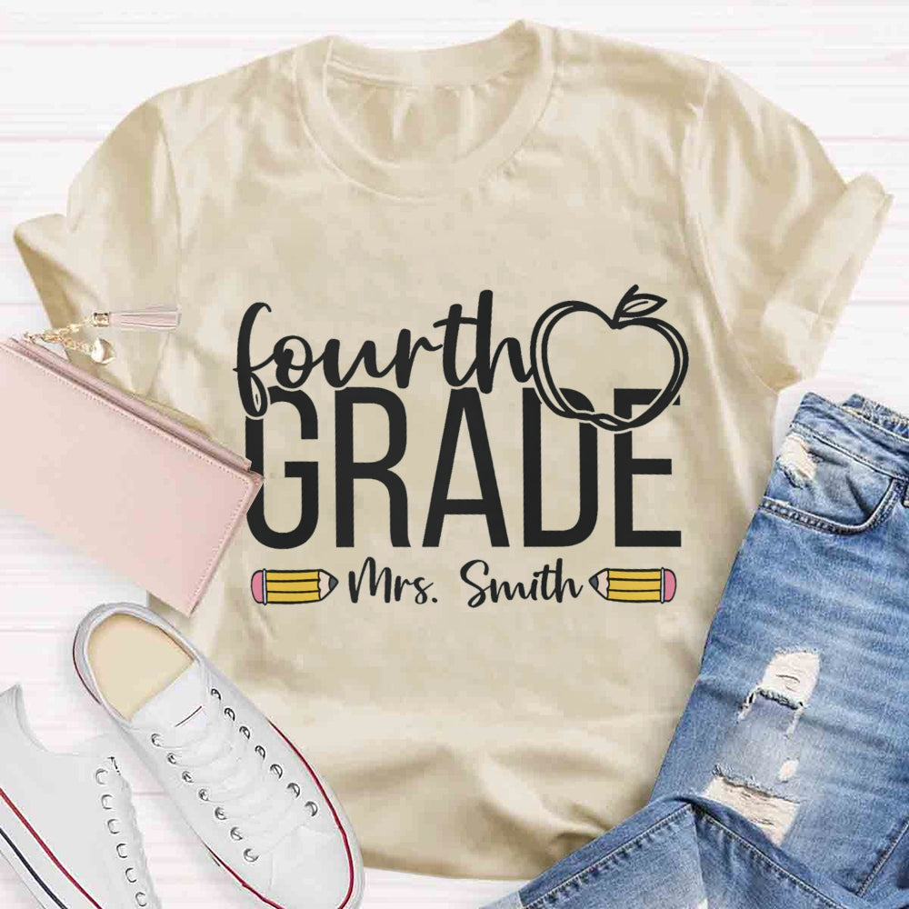Personalized Name And Grade Apple Print Stick Figure T-shirt