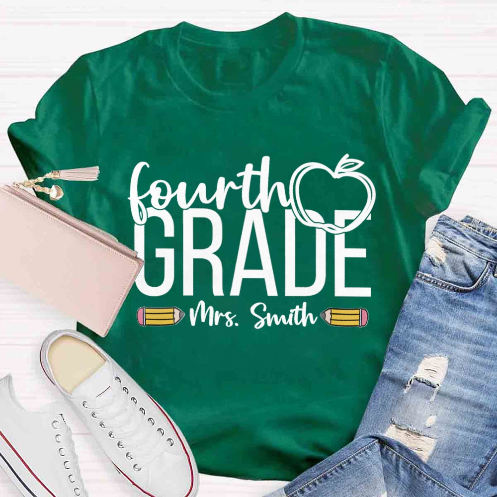 Personalized Name And Grade Apple Print Stick Figure T-shirt
