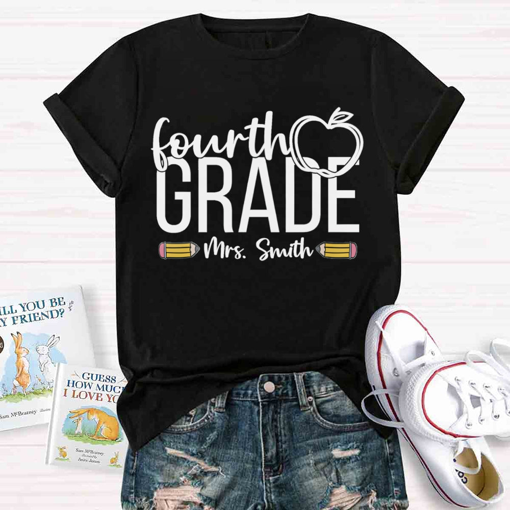 Personalized Name And Grade Apple Print Stick Figure T-shirt