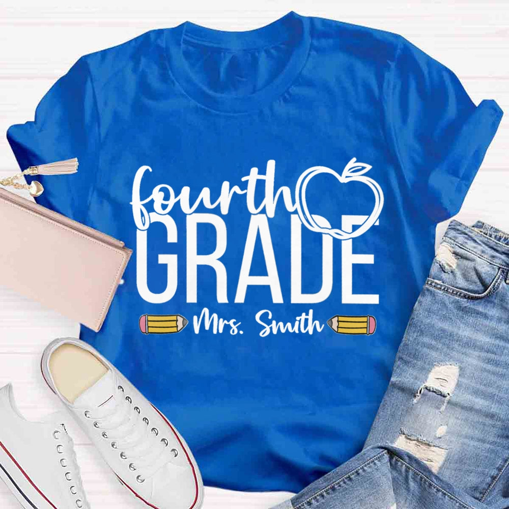 Personalized Name And Grade Apple Print Stick Figure T-shirt