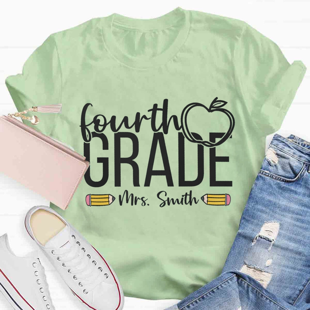 Personalized Name And Grade Apple Print Stick Figure T-shirt