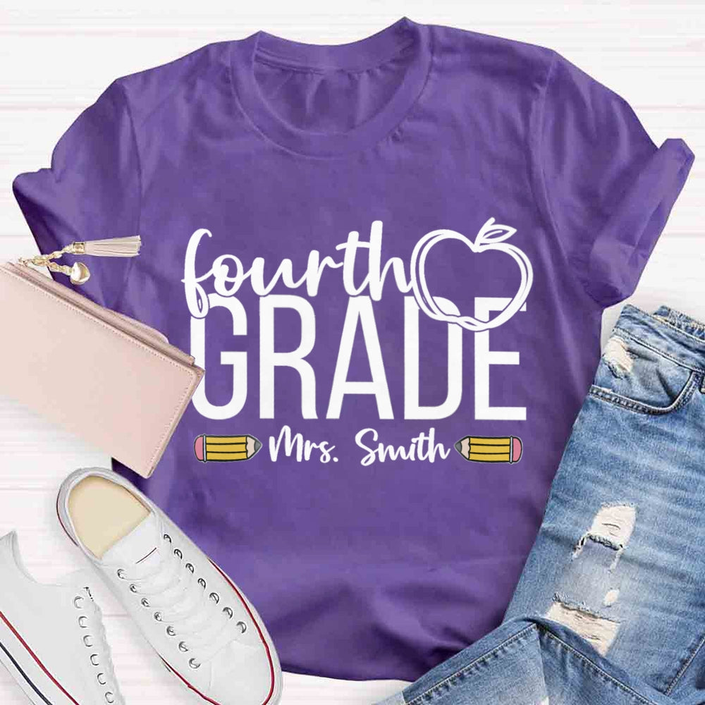 Personalized Name And Grade Apple Print Stick Figure T-shirt