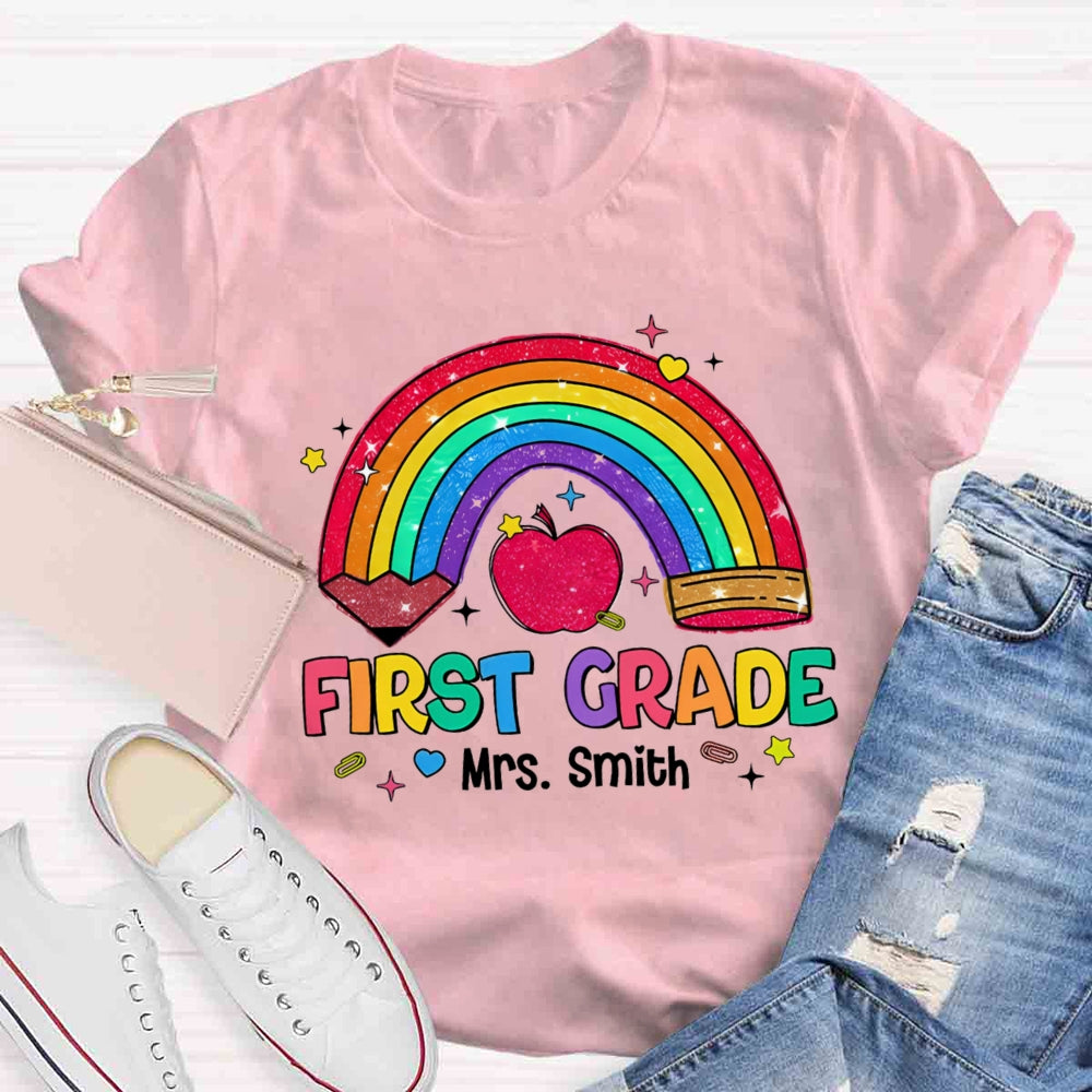 Personalized Name And Grade Rainbow Pencils Apple Print T-shirt