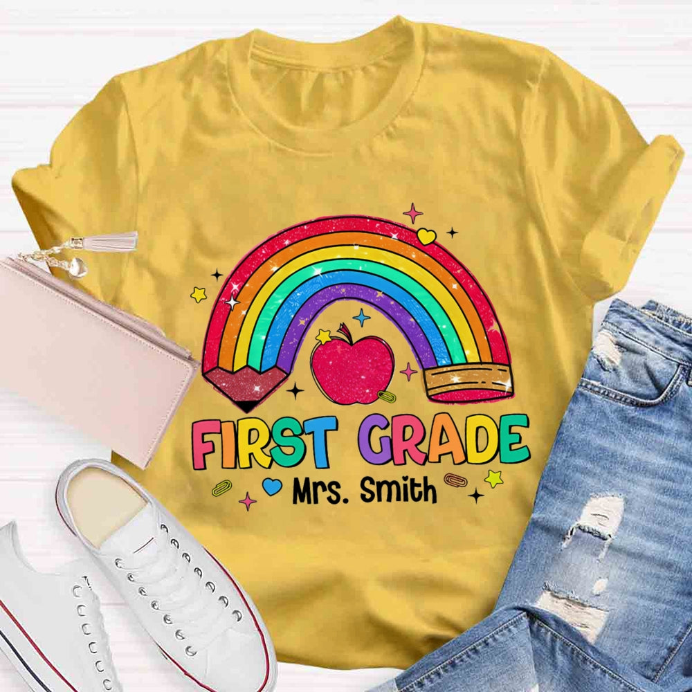 Personalized Name And Grade Rainbow Pencils Apple Print T-shirt