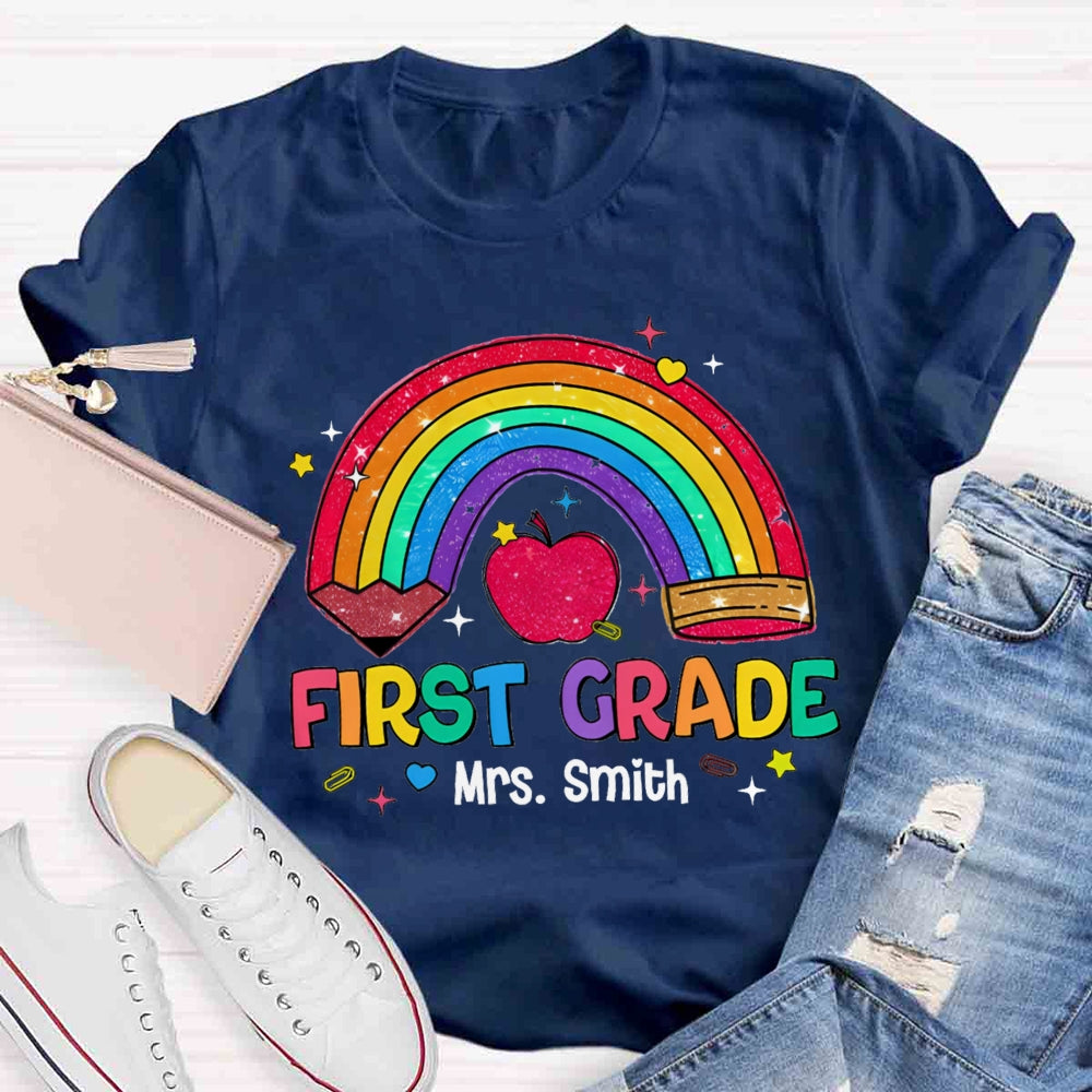 Personalized Name And Grade Rainbow Pencils Apple Print T-shirt