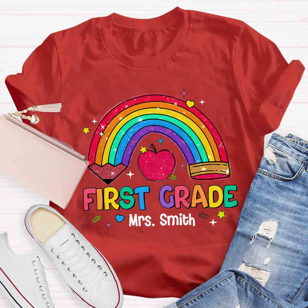 Personalized Name And Grade Rainbow Pencils Apple Print T-shirt