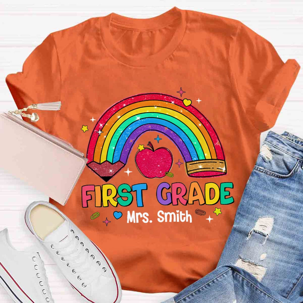 Personalized Name And Grade Rainbow Pencils Apple Print T-shirt