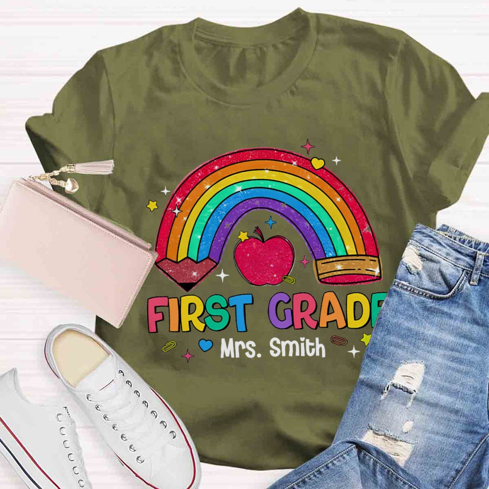 Personalized Name And Grade Rainbow Pencils Apple Print T-shirt