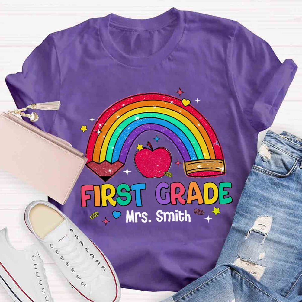 Personalized Name And Grade Rainbow Pencils Apple Print T-shirt