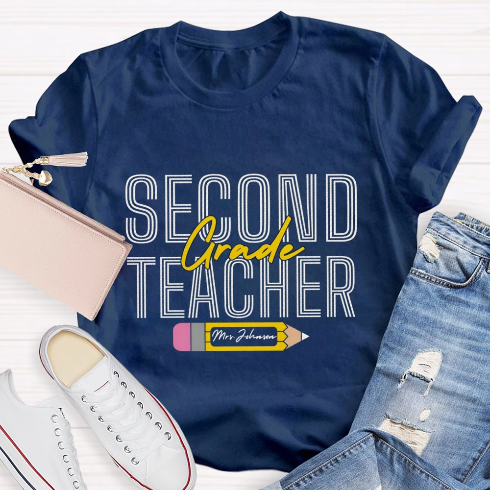 Personalized Name And Grade Pencil Pattern Teacher T-shirt