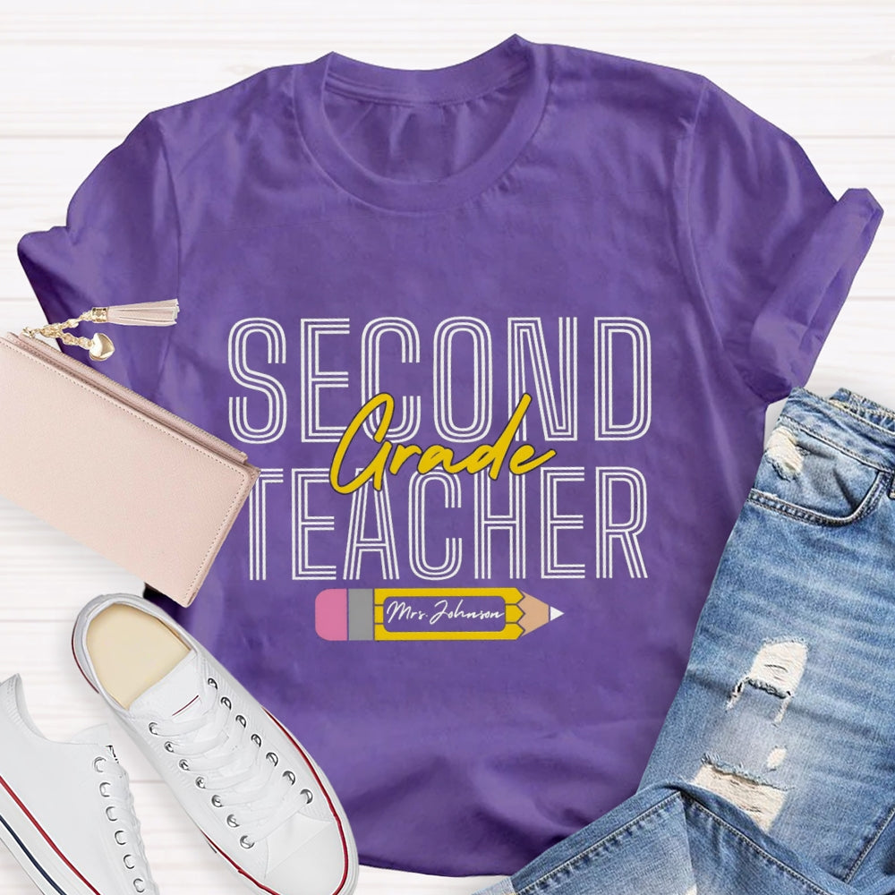 Personalized Name And Grade Pencil Pattern Teacher T-shirt