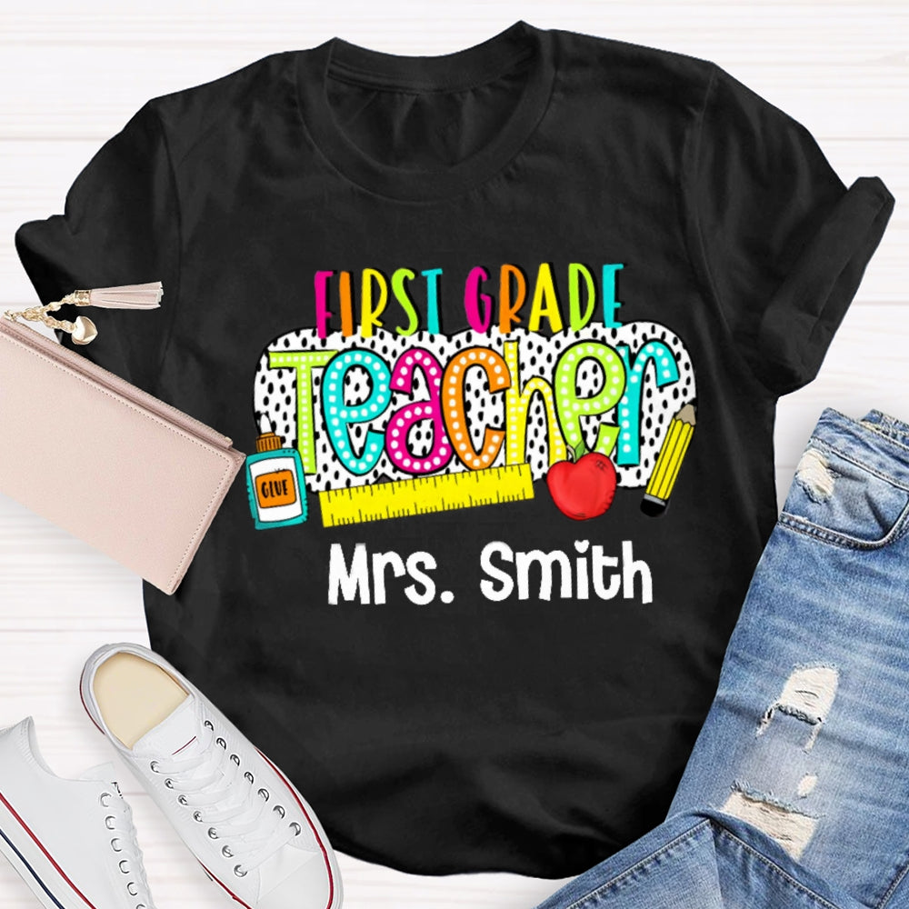 Personalize Name And Grade Polka Dot Letter Print Teacher T-shirt