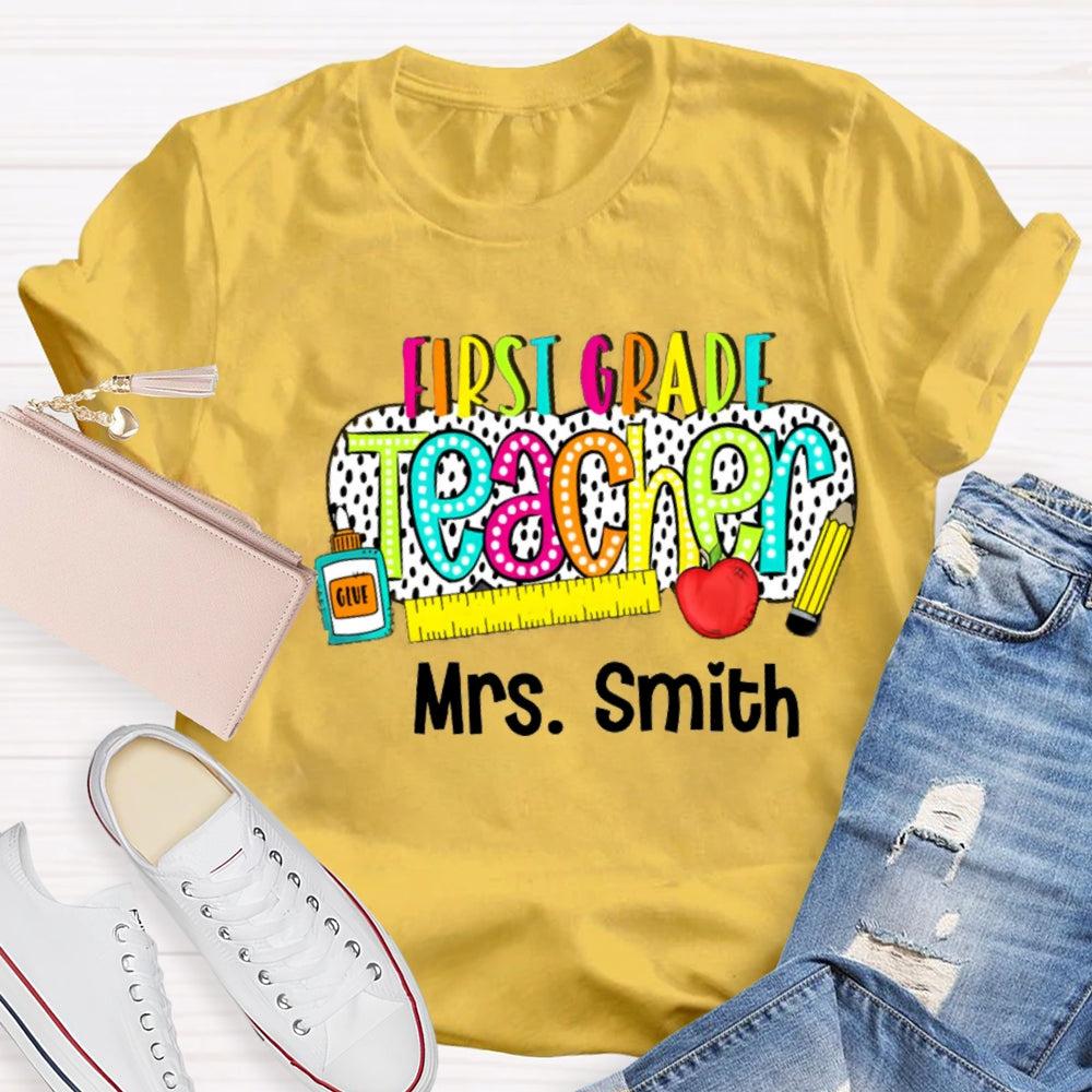 Personalize Name And Grade Polka Dot Letter Print Teacher T-shirt