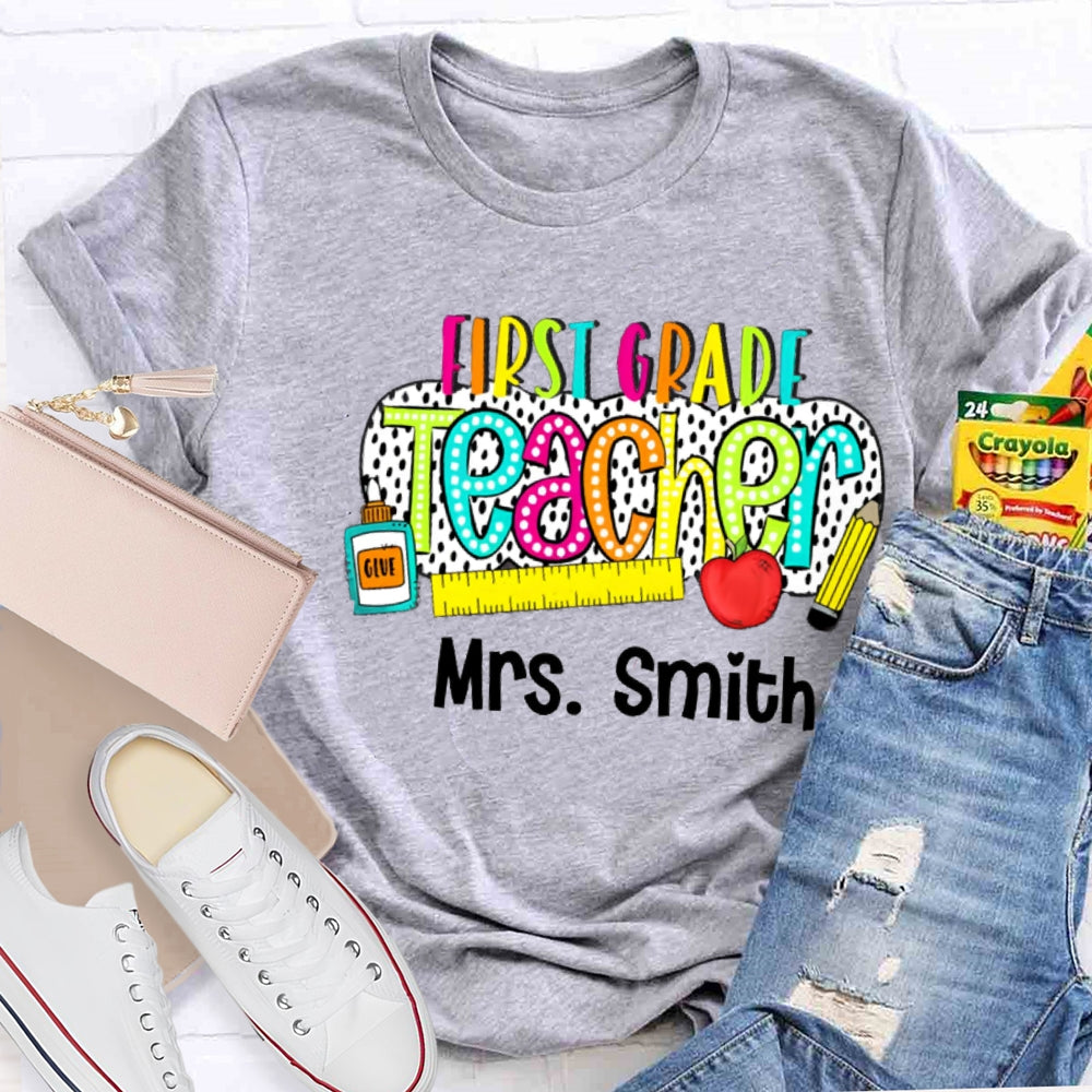 Personalize Name And Grade Polka Dot Letter Print Teacher T-shirt