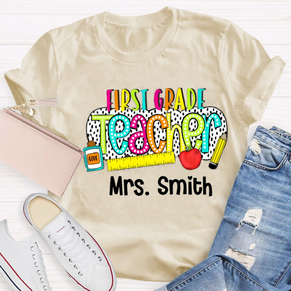 Personalize Name And Grade Polka Dot Letter Print Teacher T-shirt