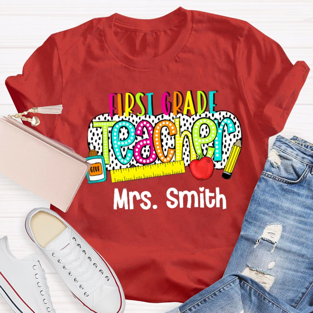 Personalize Name And Grade Polka Dot Letter Print Teacher T-shirt