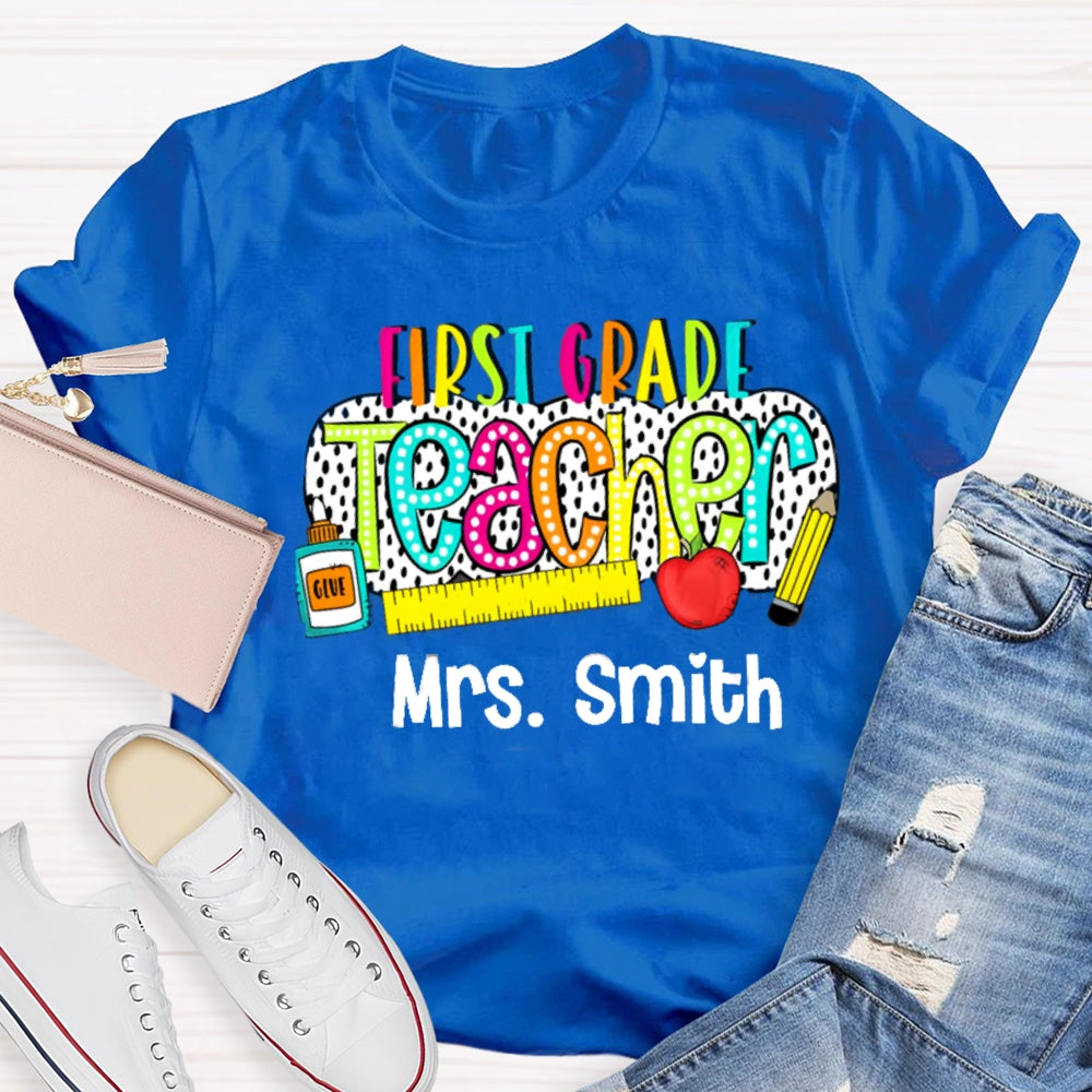 Personalize Name And Grade Polka Dot Letter Print Teacher T-shirt