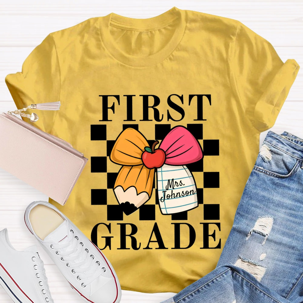 Personalized Name And Grade Apple Bow Small Square T-shirt