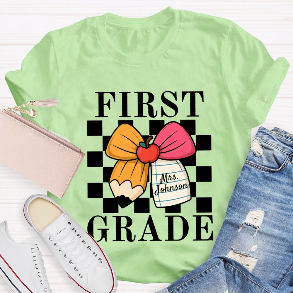 Personalized Name And Grade Apple Bow Small Square T-shirt