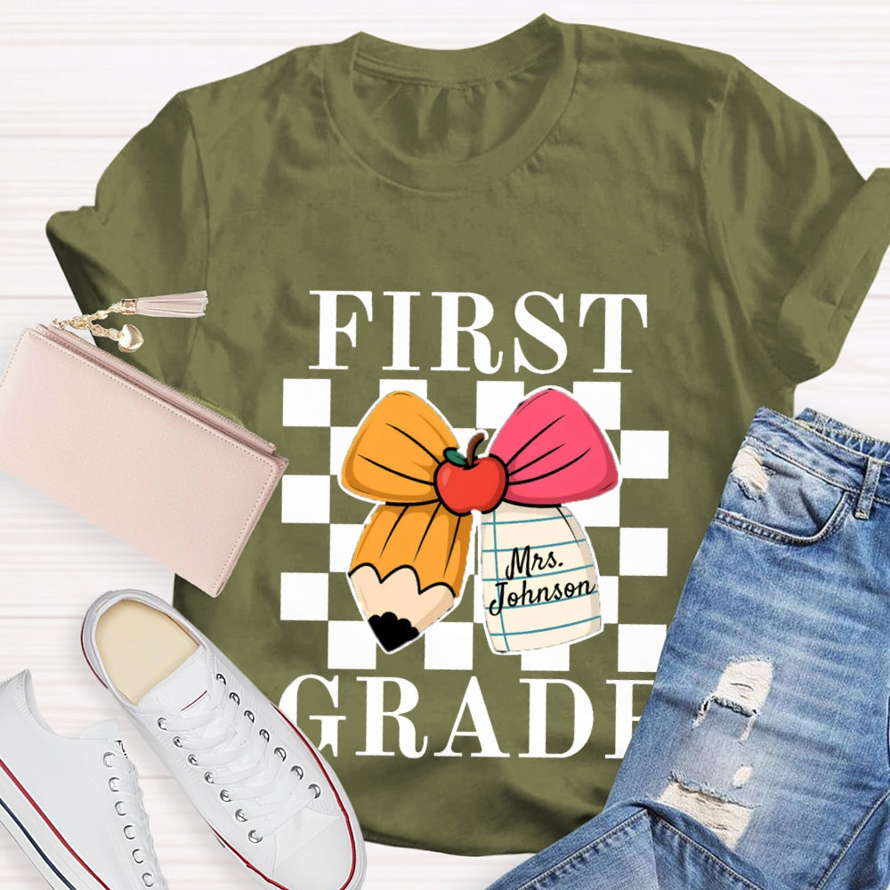 Personalized Name And Grade Apple Bow Small Square T-shirt