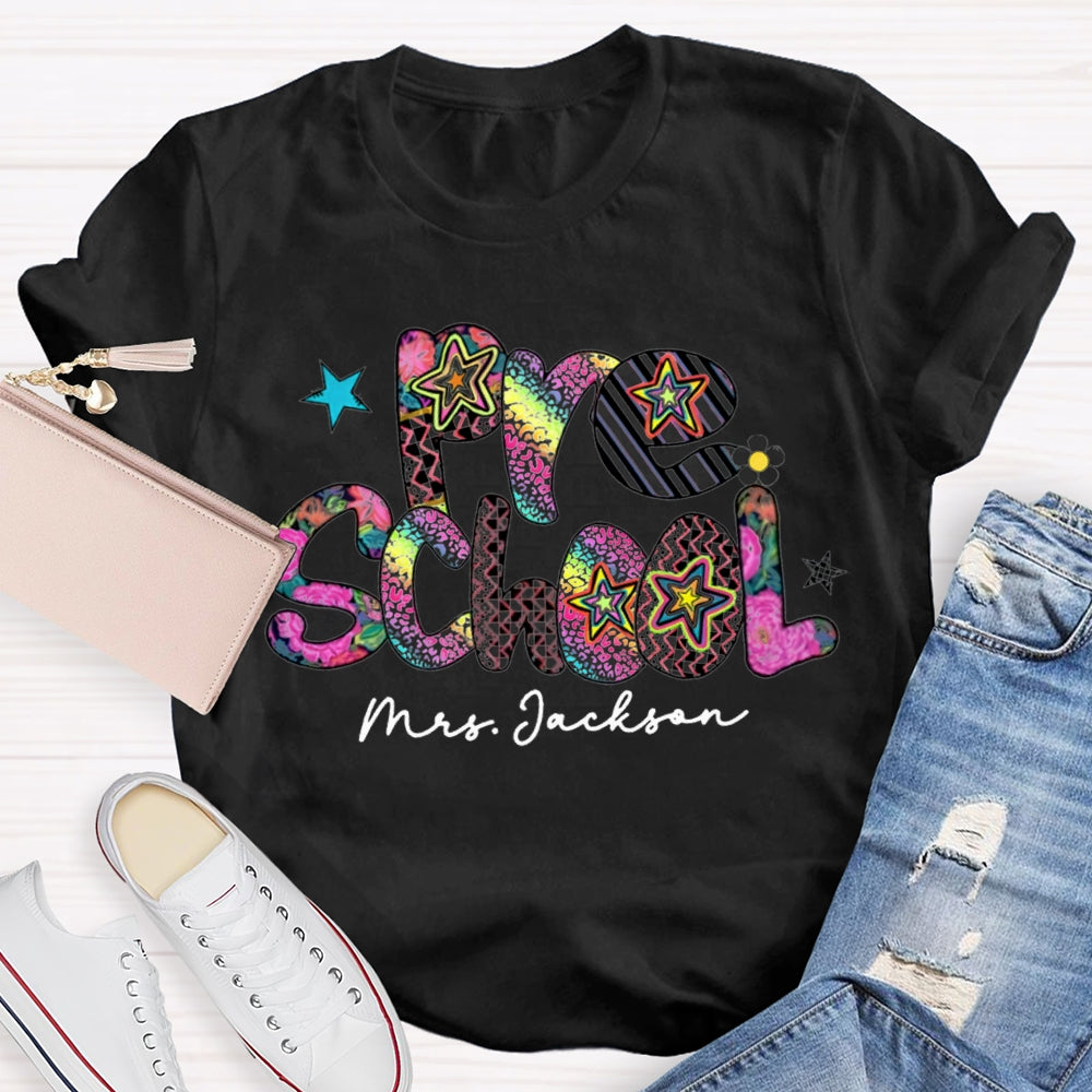 Personalized Name Pre School Colorful Leopard Print Teacher T-shirt