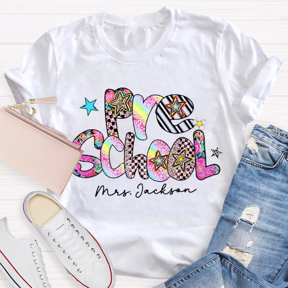 Personalized Name Pre School Colorful Leopard Print Teacher T-shirt