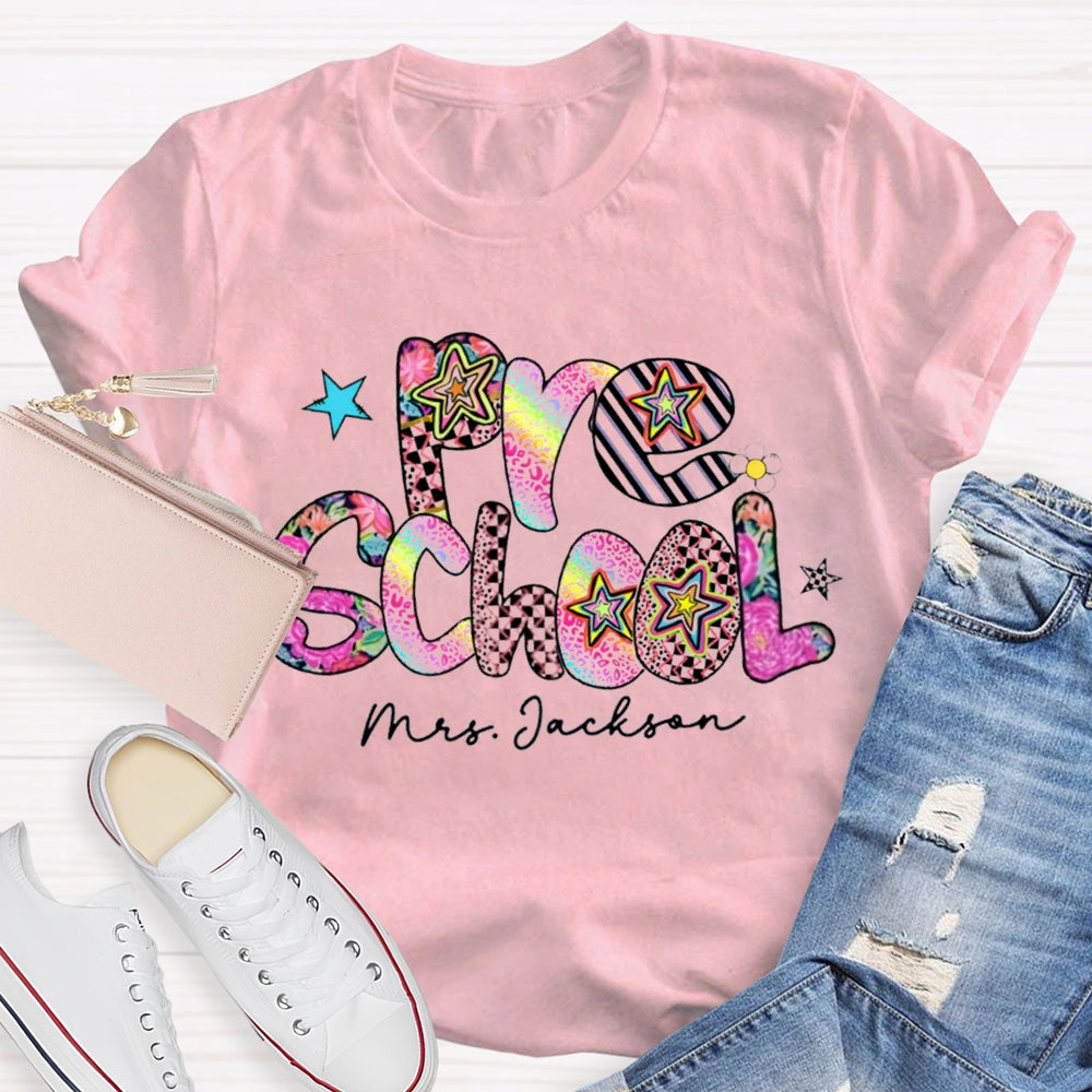 Personalized Name Pre School Colorful Leopard Print Teacher T-shirt