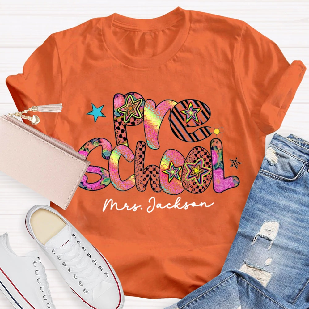 Personalized Name Pre School Colorful Leopard Print Teacher T-shirt