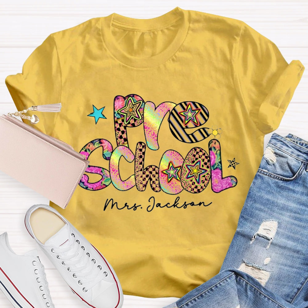 Personalized Name Pre School Colorful Leopard Print Teacher T-shirt