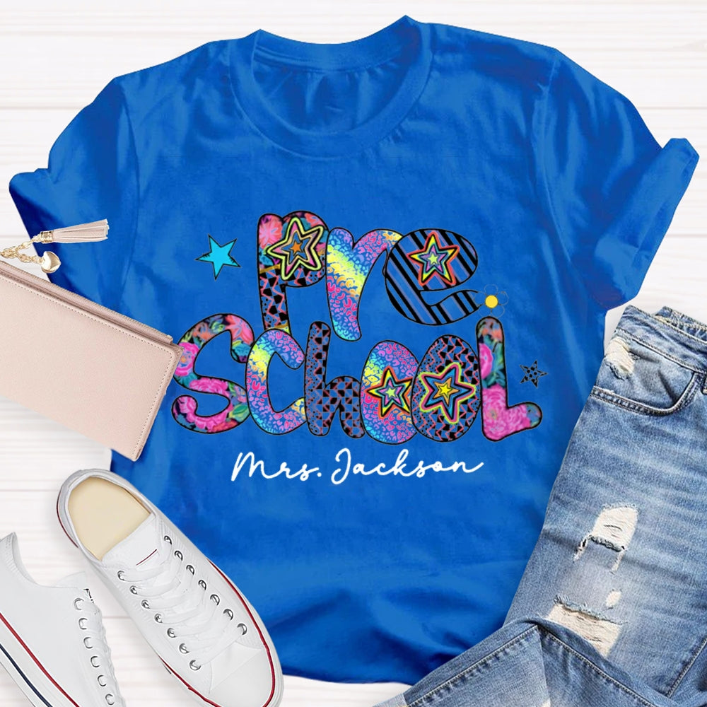 Personalized Name Pre School Colorful Leopard Print Teacher T-shirt