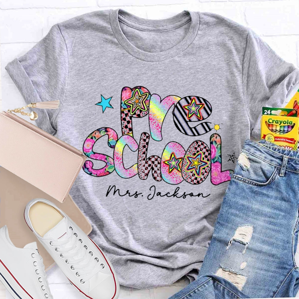 Personalized Name Pre School Colorful Leopard Print Teacher T-shirt