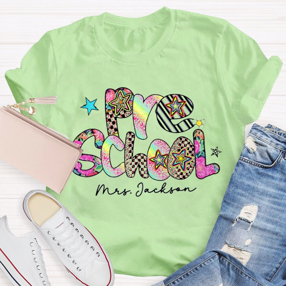 Personalized Name Pre School Colorful Leopard Print Teacher T-shirt