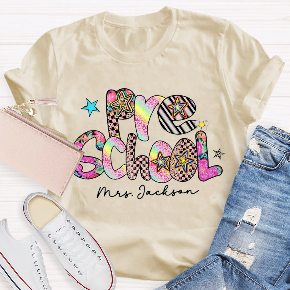 Personalized Name Pre School Colorful Leopard Print Teacher T-shirt