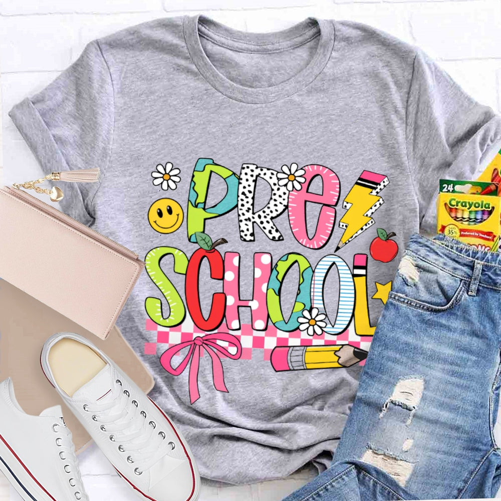 Small Flower Letters Pre School Teacher T-shirt