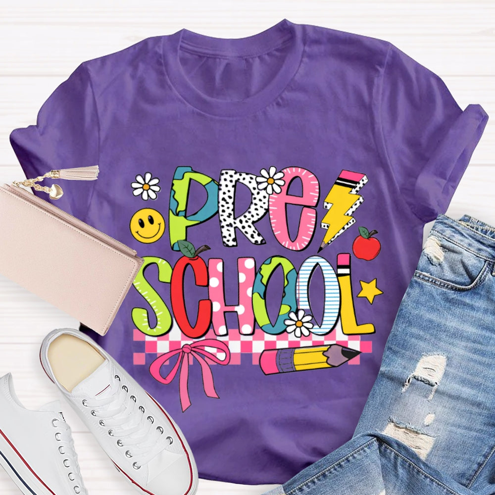 Small Flower Letters Pre School Teacher T-shirt