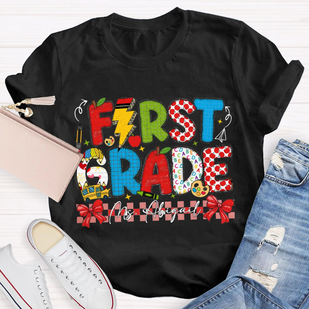 Personalized Name And Grade Red Bow Ribbon Teacher T-shirt