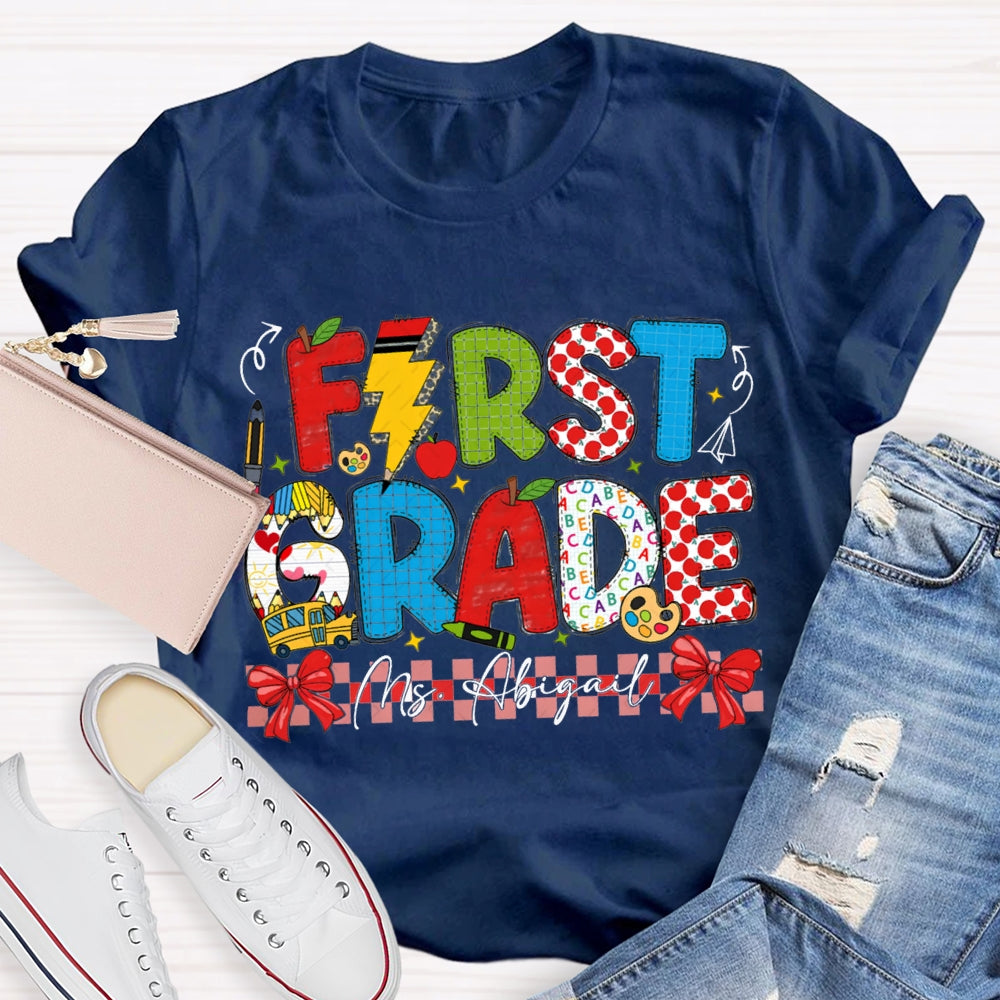 Personalized Name And Grade Red Bow Ribbon Teacher T-shirt